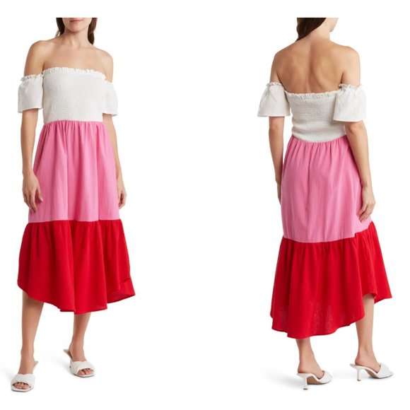 area stars Dresses & Skirts - AREA STARS Lori Off the Shoulder Colorblock Dress Red Pink White Size XL 16 NEW